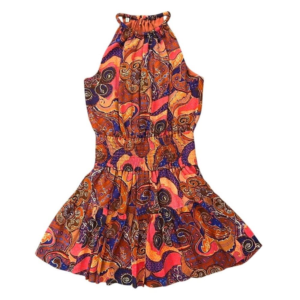 ALC Cory Dress 8 Terracotta Paisley Silk High Neck Smocked Waist Tiered Mini - Picture 2 of 15